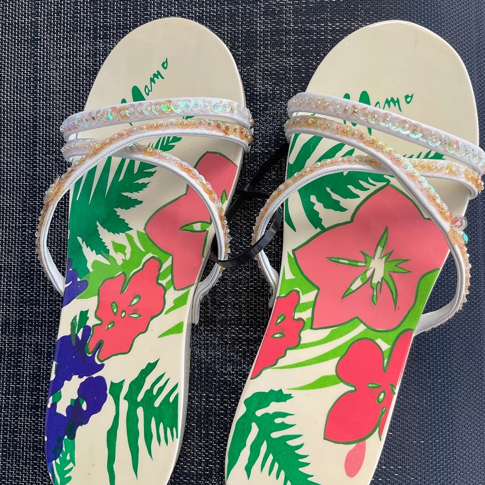 Silver Beaded Floral Slide Sandals - Women